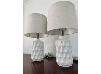 Pair Of Modern White Ceramic Lamps With Tan Linen Shades