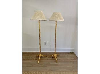 Pair Of Regency Style Gilt Standing Lamps With Cream Pleated Shades