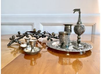 Collection Of Judaica - Olive Motif Menorah - Wrought Iron, Karshi Kiddush Cup Set, Pair Shabbat Candlesticks