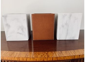 Collection Of Wastebaskets - Pair Of Marble Look From Project 62 Target, 1 Leather With White Stitching