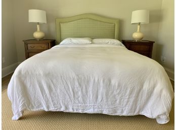 Queen Bed With Custom Fabric Headboard - Sage Green Plaid