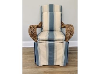 Custom Rattan Armchair With Slipcover And Cushion - Blue And Cream