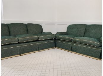 Pair Of Custom Hunter Green Skirted Couch And Love Seat With Sand Piping - Down Filling