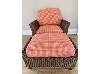 Pierce Martin Rattan Armchair And Ottoman With Custom Red And Cream Fabric