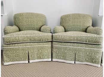 Pair Of Custom Swivel Armchairs With Sage Green And Cream Fabric With Cream Piping
