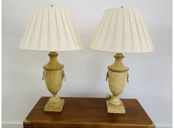 Pair Of Painted Metal Lamps In Faux Marble With 2 Rings And Cream Pleated Shades