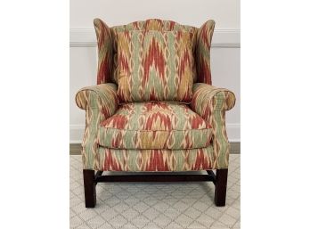 Wingback Chair With Custom Ikat Fabric And Dark Wood Base - Matching Throw Pillow
