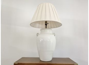 Large White Ceramic Jug Lamp With 2 Handles With Brass Detail With Cream Pleated Shade