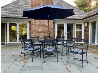 Oval Kettler Wrought Iron Dining Table With Glass Top, 8 Chairs, Umbrella And Bar Cart