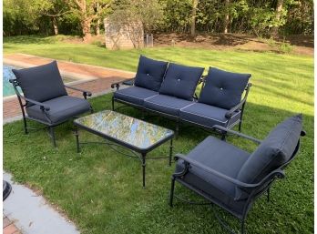 Pair Of Wrought Iron Armchairs And Wrought Iron 3 Seat Bench And Coffee Table