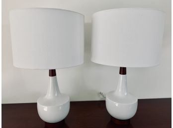 Pair Of Modern White Ceramic Lamps With Dark Wood Base And Detail
