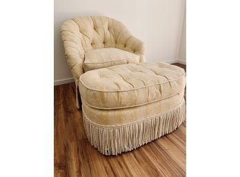 Yellow And Cream Damask Barrel Chair With Oval Ottoman