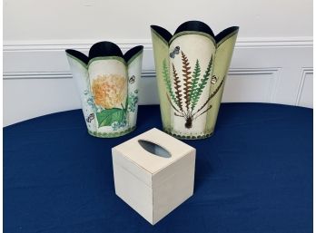 2 Painted Wastebaskets With Applique And Wooden Tissue Box