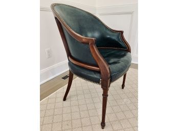 Arm Chair With Green Leather, Dark Wood With  Brass Nailheads