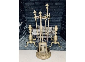 Set Of Brass Andirons And Fireplace Tools