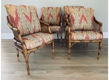 Set Of 4 Cane Chairs With Wood Frames  (chinese Chippendale Inspired) With Ikat Fabric