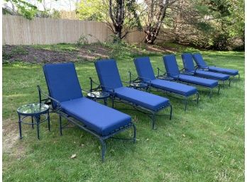 Set Of 6 Kettler Wrought Iron Lounge Chairs With 6 Kettler Round Wrought Iron Side Tables With Glass Tops