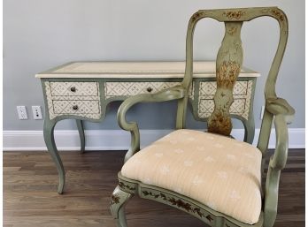 Painted Cream And Sage Green Desk With Brass Hardware With Painted Asian Motif Chair