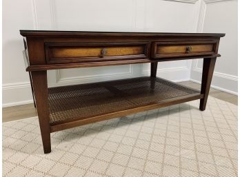 Dark Wood Coffee Table With Glass Top With 2 Drawers And Can Bottom Shelf