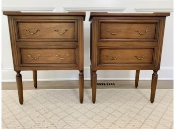 Pair Of Medium Wood Bedside Tables With 2 Drawers And Brass Pulls