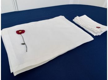 Set Of 10 White Cloth Placemats And Napkins From Leilas Linens With Red Poppy Embroidery