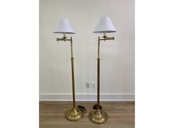 Pair Of Adjustable Brass Standing Lamps With White Shades