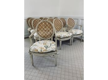 Set Of 12 Painted French Chairs With Cane Back And Seats - With Floral Cushions- 10 Side, 2 Arm