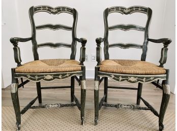 Pair Of Green And Cream Painted Ladder Back Armchairs With Rush Seats