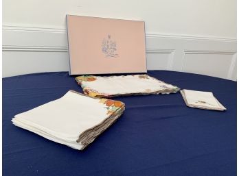Brand New In Box Collection Of 12 Embroidered Thanksgiving Placemats, Napkins And Decorative Napkins