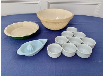 Collection Of Ceramic Baking Items - Emile Henry Pie Dish, Large Mixing Bowl, Set Of 9 Apilco Ramekins