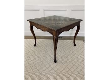 Dark Wood Square Table With Checkerboard Top - With Chess Pieces And Bakkelite Checkers And