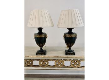Pair Of Black Tole Lamps With Painted Gold Detail And 2 Brass Rings - Cream Pleated Shades