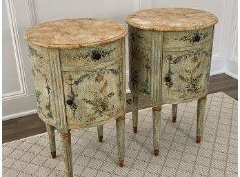 Pair Of Round Painted Side Tables - 1 Door, 1 Drawer - Made In Italy - Faux Marble Look