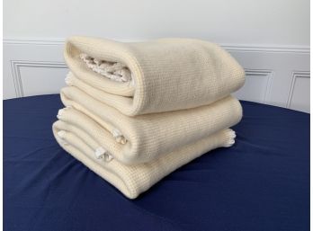 Collection Of 3 Cream Wool Bellino Waffle Weave Throw Blankets With Fringe Border