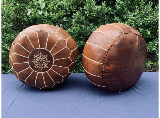 Pair Of Leather Moroccan Poufs - Brown Leather