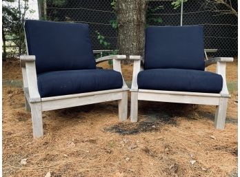 Pair Of Gloster Teak Armchairs With Adjustable Seats And Navy Gloster Cushions