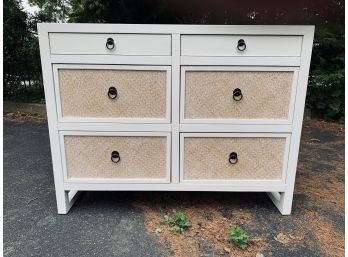 Painted White And Rattan 6 Drawer Dresser - Matches Nightstands Also Listed