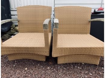 Pair Of Gloster Tan Outdoor And Teak Patio Armchairs