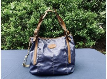 Tods Tote Bag - Blue Waxed Canvas With Leather Handles And Cross Body Strap