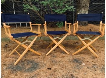 Set Of 3 Navy Canvas And Wood Frame Telescope Directors Chairs