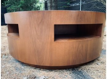 Crate And Barrel Round Wood Coffee Table  With Storage In The Sides