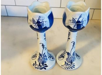 Pair Of Delft Candlesticks - Blue And White Tulips