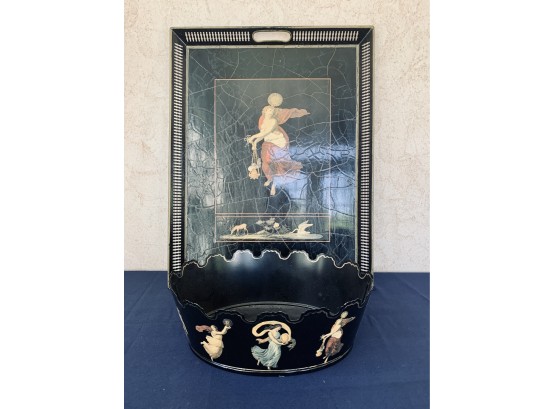 Pair Of Decoupage Toleware Pieces  Tray And Cachepot  - Signed Tenille - From Asprey And Garrard