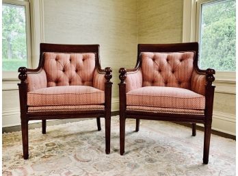 Pair Of Dark Wood Frame Armchairs With Coordinating Fabric And Brass Nailhead Detail