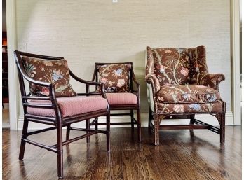 Collection Of Coordinating Armchairs With Custom Fabrics - 2 Armchairs And 1 Wingback
