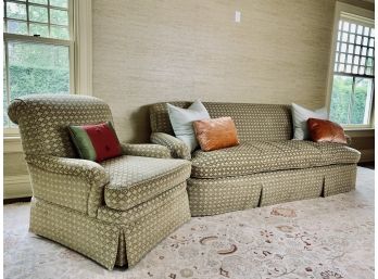 Green And Tan Down Filled Custom Fabric Couch And Armchair