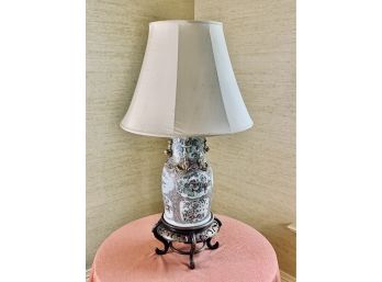 Chinese Export Porcelain Vase Lamp With Cream Linen Shade - Raised Dragon Design - Circa 1900