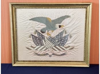 Antique Framed Embroidered Eagle And Flag - E Pluribus Unum - Leaded Glass