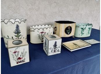 Collection Of Metal Containers For Bathroom - 6 Signed Tennille , 1 Unsigned Plus John Derian Tray