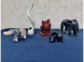Collection Of Carved Items - Elephants, Fish, Hippo And Porcelain